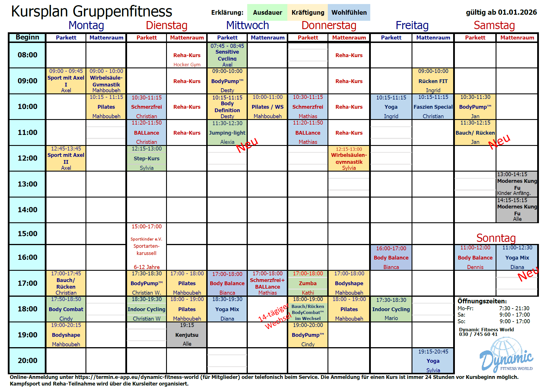 Kursplan Gruppenfitness 15.04.24 auch als download vorhanden