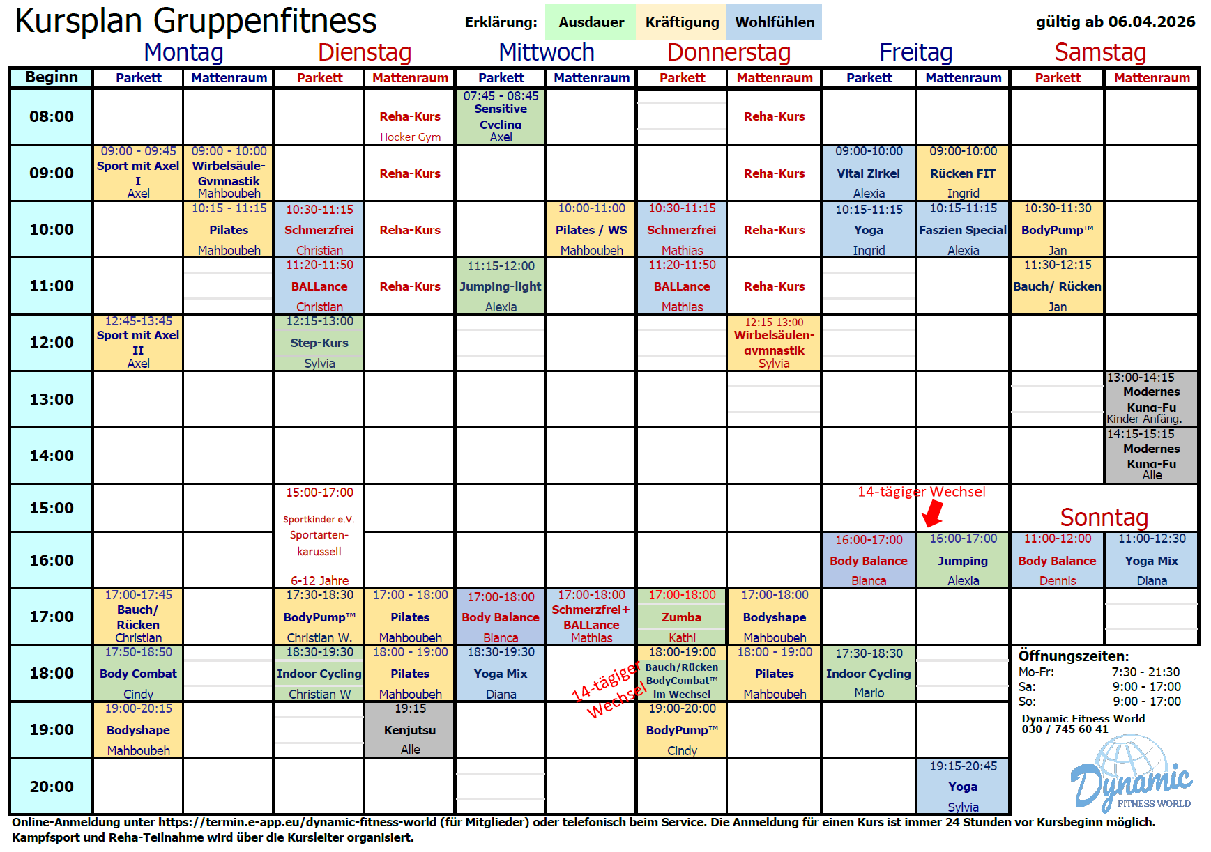 Kursplan Gruppenfitness 15.04.24 auch als download vorhanden